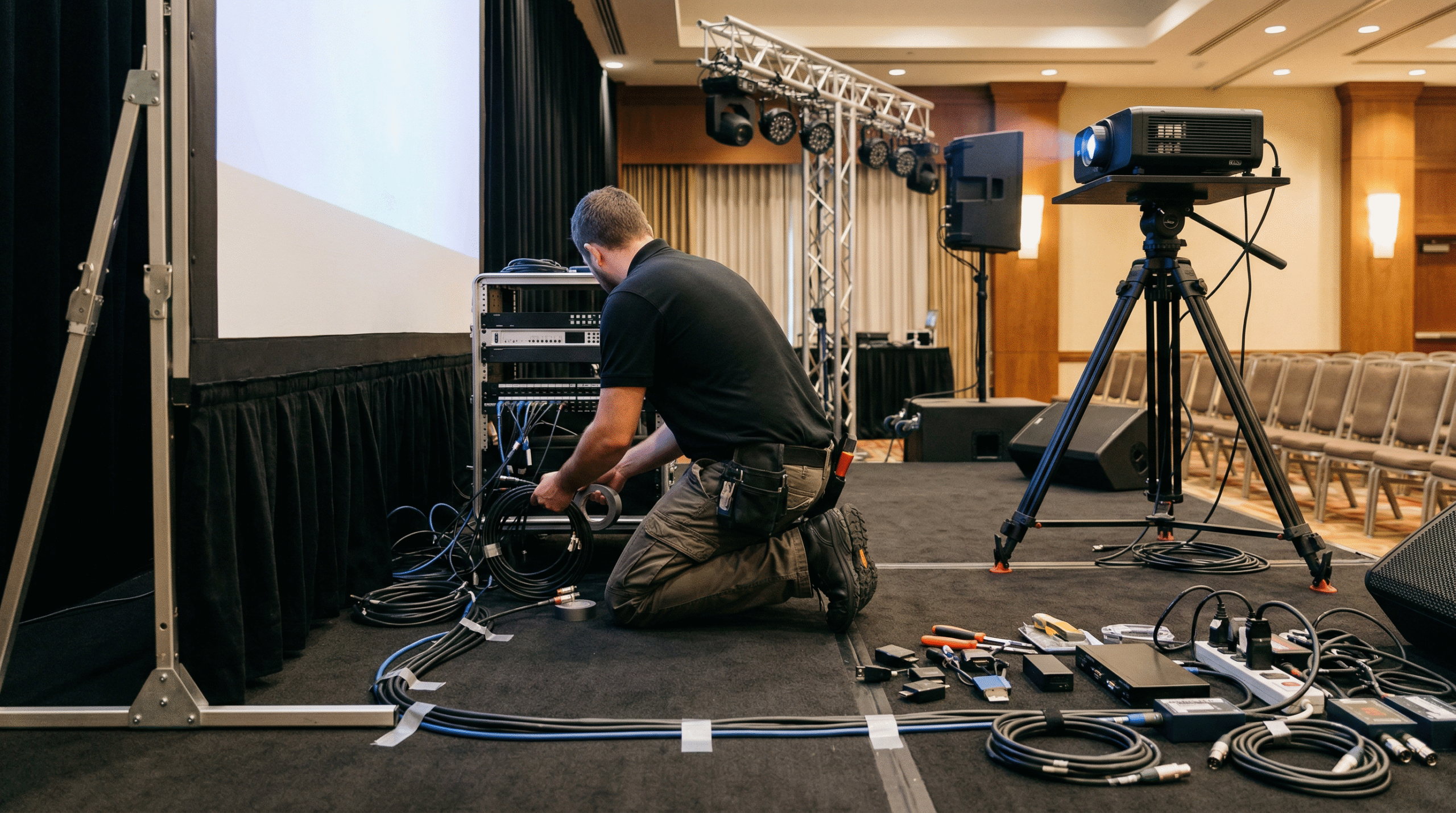 婚禮現場投影設備架設與舞台屏幕佈置